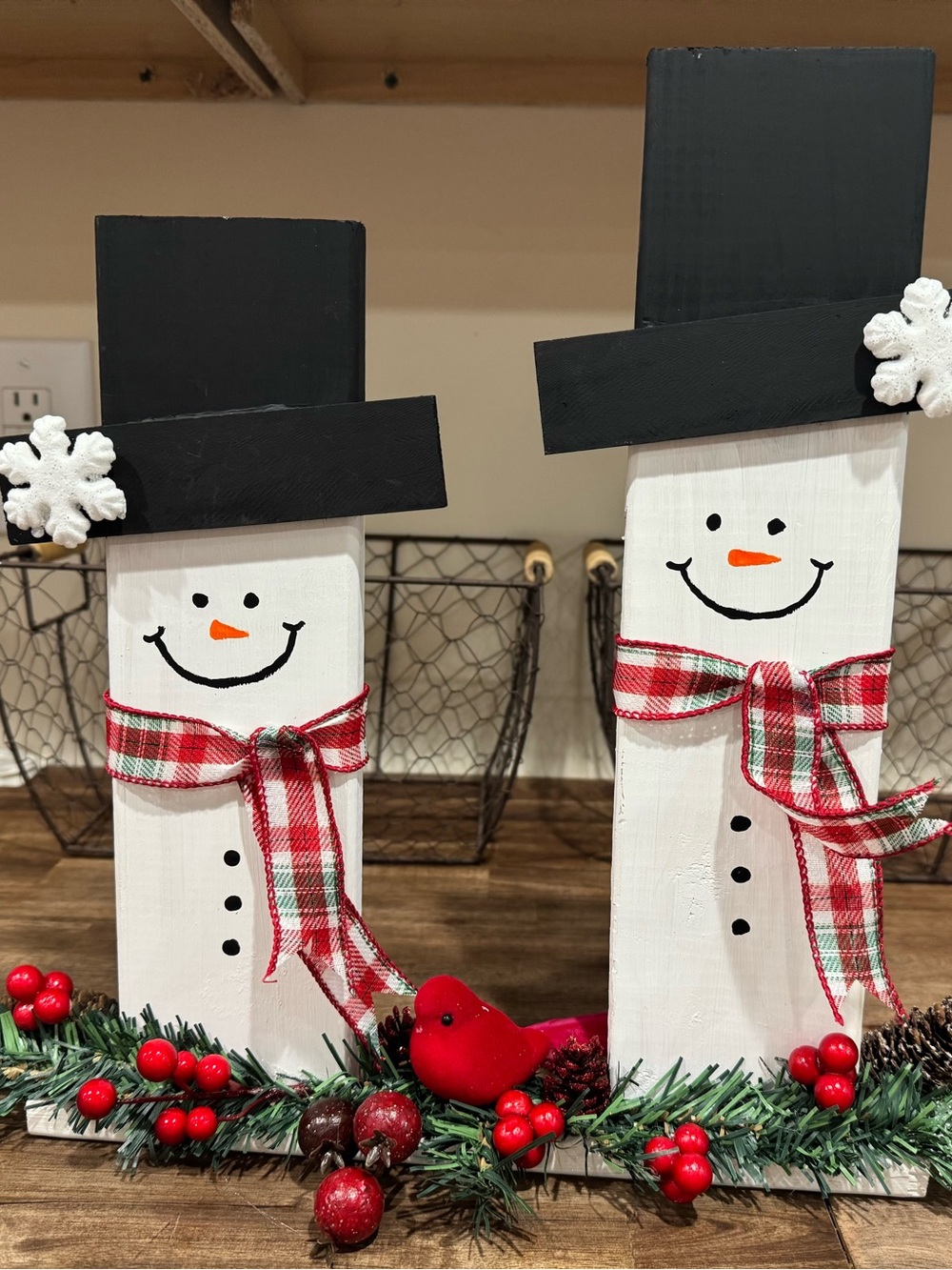 Handcrafted White Snowman Wood Décor with Black Hat and Plaid Scarf